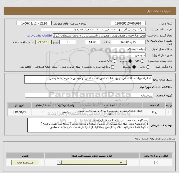استعلام انجام تعمیرات ساختمانی در روستاهای شوریجه ، چاله زرد و گنبدلی شهرستان سرخس