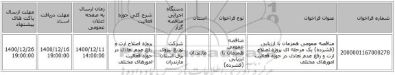 مناقصه عمومی همزمان با ارزیابی (فشرده) یک مرحله ای پروژه اصلاح ارت و رفع عدم تعادل در حوزه فعالیت امورهای مختلف