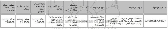 مناقصه عمومی همزمان با ارزیابی (فشرده) یک مرحله ای پروژه تعمیرات تابلو در حوزه فعالیت امورهای مختلف 