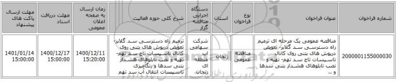 مناقصه عمومی یک مرحله ای ترمیم راه دسترسـی سـد گلابر- تعویض درپوش های بتنی روی کانال تاسـیسات تاج سـد تهم- تهیه و نصب تابلوهای هشـدار بتنی سدها و ..