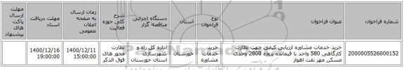 خرید خدمات مشاوره ارزیابی کیفی جهت  نظارت کارگاهی 580 واحد با قیمانده پروژه 2000 وحدی مسکن مهر نفت اهواز 