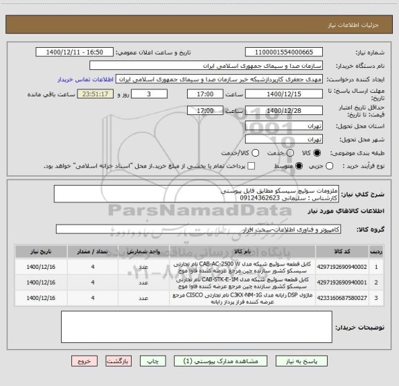 استعلام ملزومات سوئیچ سیسکو مطابق فایل پیوستی 
کارشناس : سلیمانی 09124362623