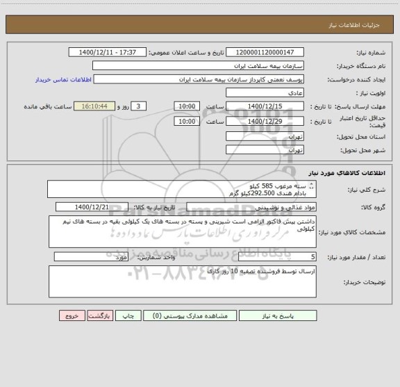 استعلام سته مرغوب 585 کیلو 
بادام هندی 292.500کیلو گرم
بادام درختی 292.500 کیلو گرم
تخمه کدو 292.500 کیلو گرم 
شیرینی خشک مرغوب 585 کیلو