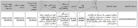 مناقصه عمومی یک مرحله ای واگذاری خدمات عمومی و پشتیبانی سازمان مرکزی ، و پردیس دانشگاه ، معاونت ها ،  مرکز بیماری های خاص وکلینیک ها ی دندانپزشکی