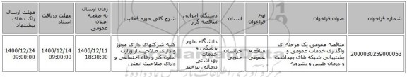 مناقصه عمومی یک مرحله ای واگذاری خدمات عمومی و پشتیبانی شبکه های بهداشت و درمان طبس و بشرویه