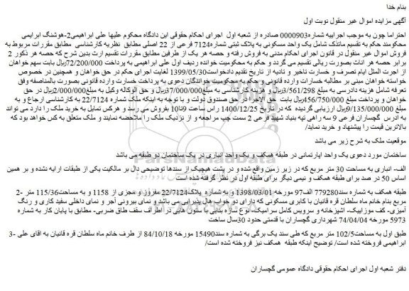 مزایده فروش یک واحد مسکونی به پلاک ثبتی شماره7124 فرعی از 22 اصلی 