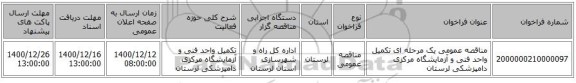 مناقصه عمومی یک مرحله ای تکمیل واحد فنی و آزمایشگاه مرکزی دامپزشکی لرستان