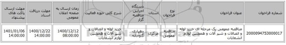 مناقصه عمومی یک مرحله ای خرید لوله و اتصالات و شیر آلات و همچنین لوازم انشعابات