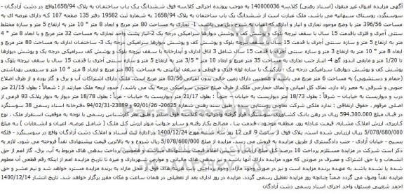 مزایده ششدانگ یک باب ساختمان به پلاک 1658/94