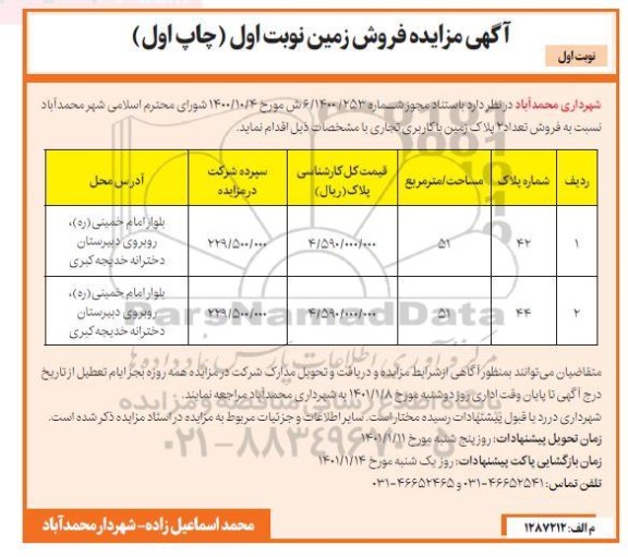 مزایده فروش تعداد 2 پلاک زمین با کاربری تجاری