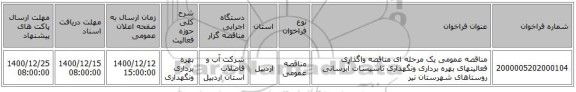 مناقصه عمومی یک مرحله ای مناقصه واگذاری فعالیتهای بهره برداری ونگهداری تاسیسات آبرسانی روستاهای شهرستان نیر