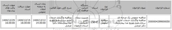 مناقصه عمومی یک مرحله ای مناقصه واگذاری خدمات آماده سازی،طبخ وتوزیع غذا بیمارستان دکتر غرضی