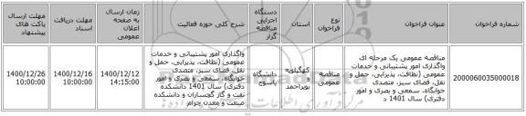 مناقصه عمومی یک مرحله ای واگذاری امور پشتیبانی و خدمات عمومی (نظافت، پذیرایی، حمل و نقل، فضای سبز، متصدی خوابگاه، سمعی و بصری و امور دفتری) سال 1401 د