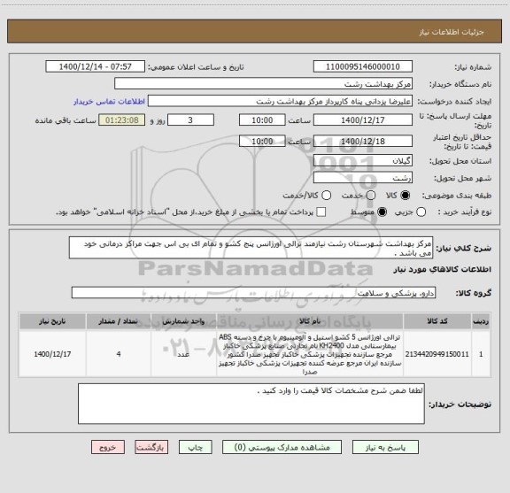 استعلام مرکز بهداشت شهرستان رشت نیازمند ترالی اورژانس پنج کشو و تمام ای بی اس جهت مراکز درمانی خود می باشد .
