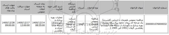 مناقصه عمومی همزمان با ارزیابی (فشرده) یک مرحله ای پیمان جامع سه ساله عملیات بهره برداری و نگهداری از شبکه های آبیاری و زهکشی گیلان (1401 الی 1403 )