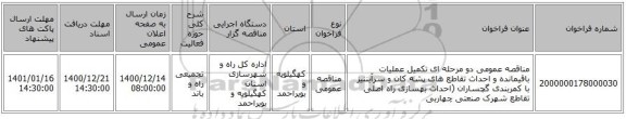 مناقصه عمومی دو مرحله ای تکمیل عملیات باقیمانده و احداث تقاطع های پشه کان و سرآبننیز با کمربندی گچساران (احداث بهسازی راه اصلی تقاطع شهرک صنعتی چهاربی