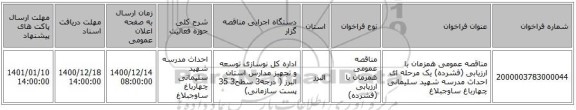 مناقصه عمومی همزمان با ارزیابی (فشرده) یک مرحله ای احداث مدرسه شهید سلیمانی چهارباغ ساوجبلاغ  
