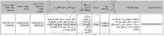 مناقصه عمومی یک مرحله ای خدمات حمل ونقل وترابری سبک از طریق تامین خودرو به همراه راننده با مجوز طرح ترافیک