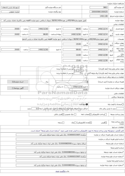 طبق مجوزشماره400/464ش مورخه28/09/1400 شورای اسلامی شهر مزایده 4قطعه زمین باکاربری تجاری درپارس آباد