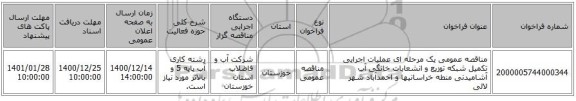 مناقصه عمومی یک مرحله ای عملیات اجرایی تکمیل شبکه توزیع و انشعابات خانگی آب آشامیدنی منطه خراسانیها و احمدآباد شهر لالی