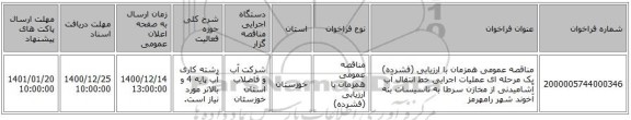 مناقصه عمومی همزمان با ارزیابی (فشرده) یک مرحله ای عملیات اجرایی خط انتقال آب آشامیدنی از مخازن سرطا به تاسیسات بنه آخوند شهر رامهرمز