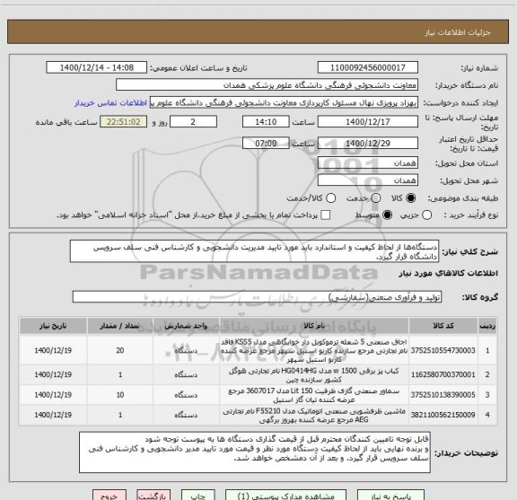 استعلام دستگاه ها از لحاظ کیفیت و استاندارد باید مورد تایید مدیریت دانشجویی و کارشناس فنی سلف سرویس دانشگاه قرار گیرد.