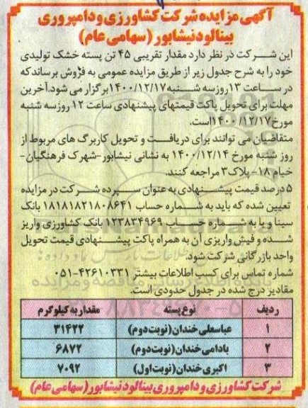 مزایده مقدار تقریبی 45 تن پسته خشک تولیدی