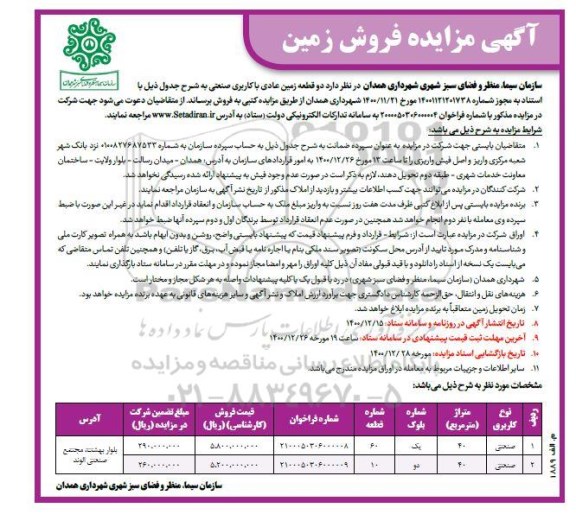 مزایده مزایده فروش دو قطعه زمین عادی با کاربری صنعتی 40 مترمربع