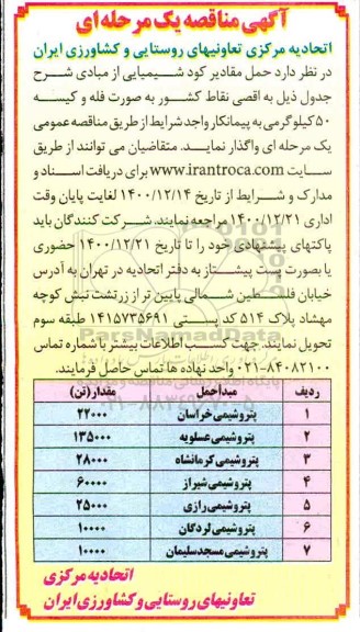 مناقصه حمل مقادیر کود شیمیایی