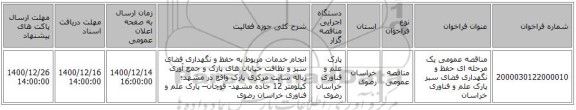 مناقصه عمومی یک مرحله ای حفظ و نگهداری فضای سبز پارک علم و فناوری خراسان