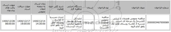مناقصه عمومی همزمان با ارزیابی (فشرده) یک مرحله ای احداث مدرسه 3 کلاسه روستای علی آباد یلغوز آغاج قروه