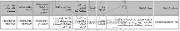 مناقصه عمومی یک مرحله ای واگذاری فعالیتهای بهره برداری و نگهداری تاسیسات آبرسانی رستاهای شهرستان نمین