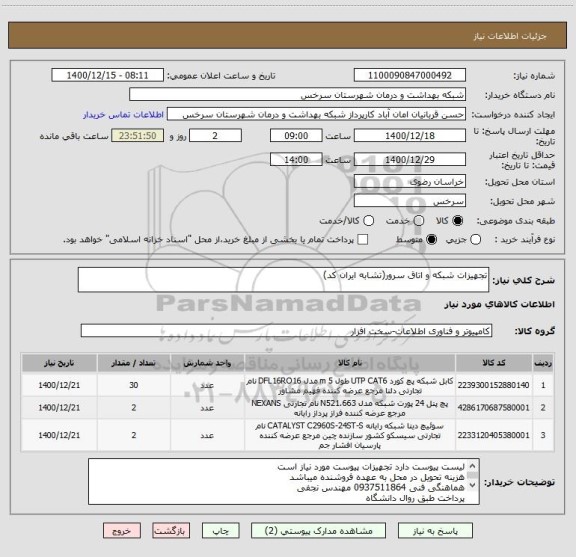 استعلام تجهیزات شبکه و اتاق سرور(تشابه ایران کد)