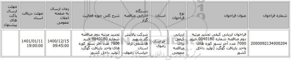 فراخوان ارزیابی کیفی تجدید مرتبه دوم مناقصه شماره 0040180 خرید 7000 عدد آجر نسوز کوره های واحد بازیافت گوگرد (تولید داخل کشور