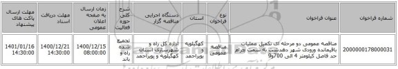 مناقصه عمومی دو مرحله ای تکمیل عملیات باقیمانده  ورودی شهر دهدشت به سمت چرام حد فاصل کیلومتر 4 الی 700و9 
