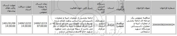 مناقصه عمومی یک مرحله ای ادامه بخشی از عملیات ابنیه و عملیات تاسیساتی ورزشگاه شهید سلیمانی