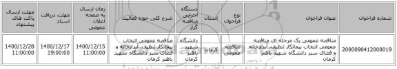 مناقصه عمومی یک مرحله ای مناقصه عمومی انتخاب پیمانکار تنظیف، آبدارخانه و فضای سبز دانشگاه شهید باهنر کرمان
