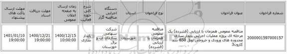 مناقصه عمومی همزمان با ارزیابی (فشرده) یک مرحله ای پروژه عملیات اجرایی پایدار سازی محدوده های ورودی و خروجی تونل 850 سد کارون3