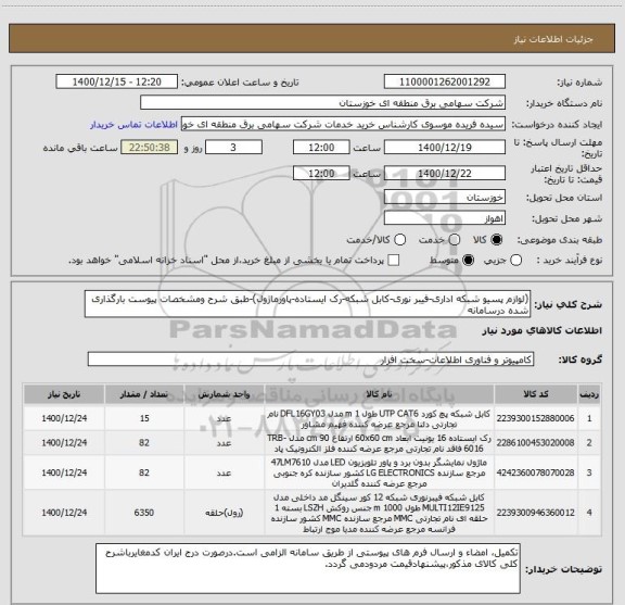 استعلام (لوازم پسیو شبکه اداری-فیبر نوری-کابل شبکه-رک ایستاده-پاورماژول)-طبق شرح ومشخصات پیوست بارگذاری شده درسامانه