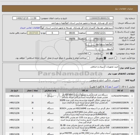 استعلام خرید تجهیزات آشپزی و خیاطی