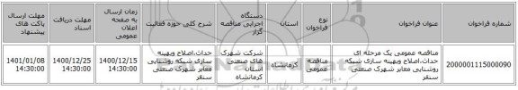 مناقصه عمومی یک مرحله ای حداث،اصلاح وبهینه سازی شبکه روشنایی معابر شهرک صنعتی سنقر