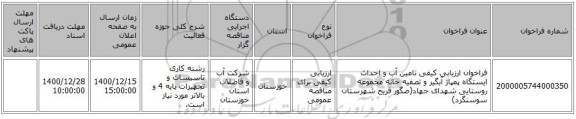 فراخوان ارزیابی کیفی  تامین آب و احداث ایستگاه پمپاژ آبگیر و تصفیه خانه مجموعه روستایی شهدای جهاد(صگور فریح شهرستان سوسنگرد)