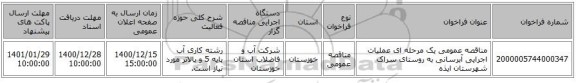 مناقصه عمومی یک مرحله ای عملیات اجرایی آبرسانی به روستای سراک شهرستان ایذه
