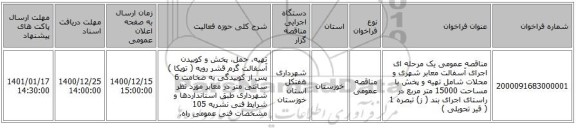 مناقصه عمومی یک مرحله ای اجرای آسفالت معابر شهری و محلات شامل تهیه و پخش با مساحت 15000 متر مربع در راستای اجرای بند ( ز) تبصره 1 ( قیر تحویلی )