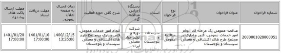 مناقصه عمومی یک مرحله ای انجام امور خدمات عمومی، فنی و اداری در مجتمع طرح های اکتشافی و معدنی سیستان و بلوچستان