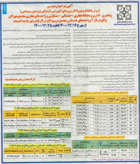 مزایده فروش قطعات زمین با کاربری های آموزشی ، فرهنگی...