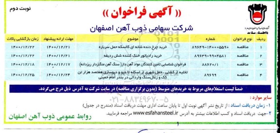 فراخوان، فراخوان خرید چرخ دنده شانه ای کالسه حمل سرباره...