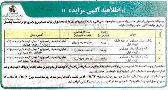مزایده اجاره واحد اپارتمان مسکونی به متراژ 79.5 و 2000