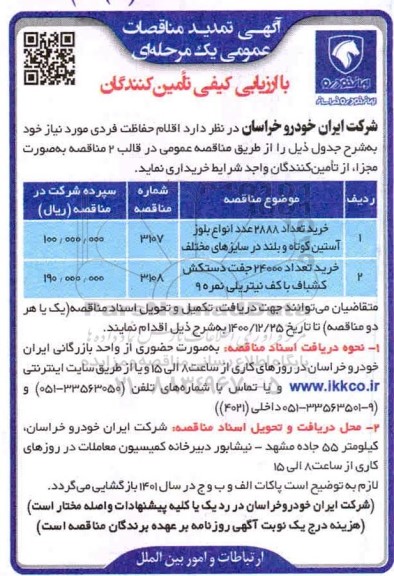 تمدید مناقصه عمومی اقلام حفاظت فردی 