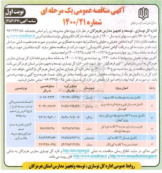 مناقصه تکمیل مدرسه متوسطه سه کلاسه...